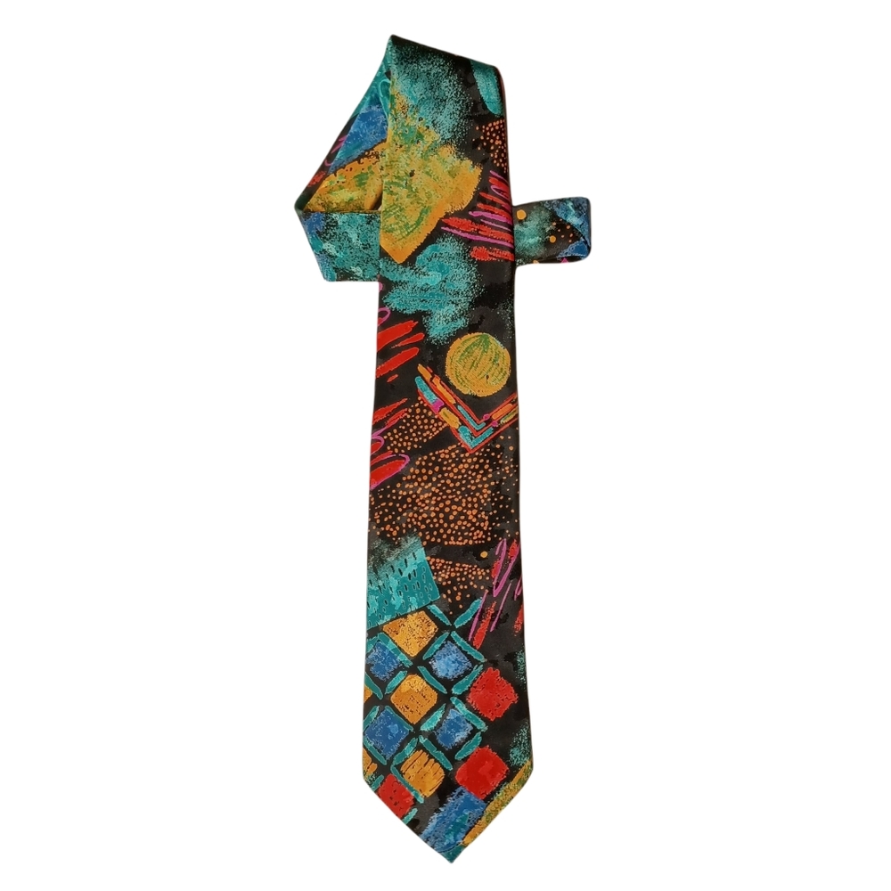 VTG COTLER Colorful Brush Print Black Dot Tie (Made in USA)